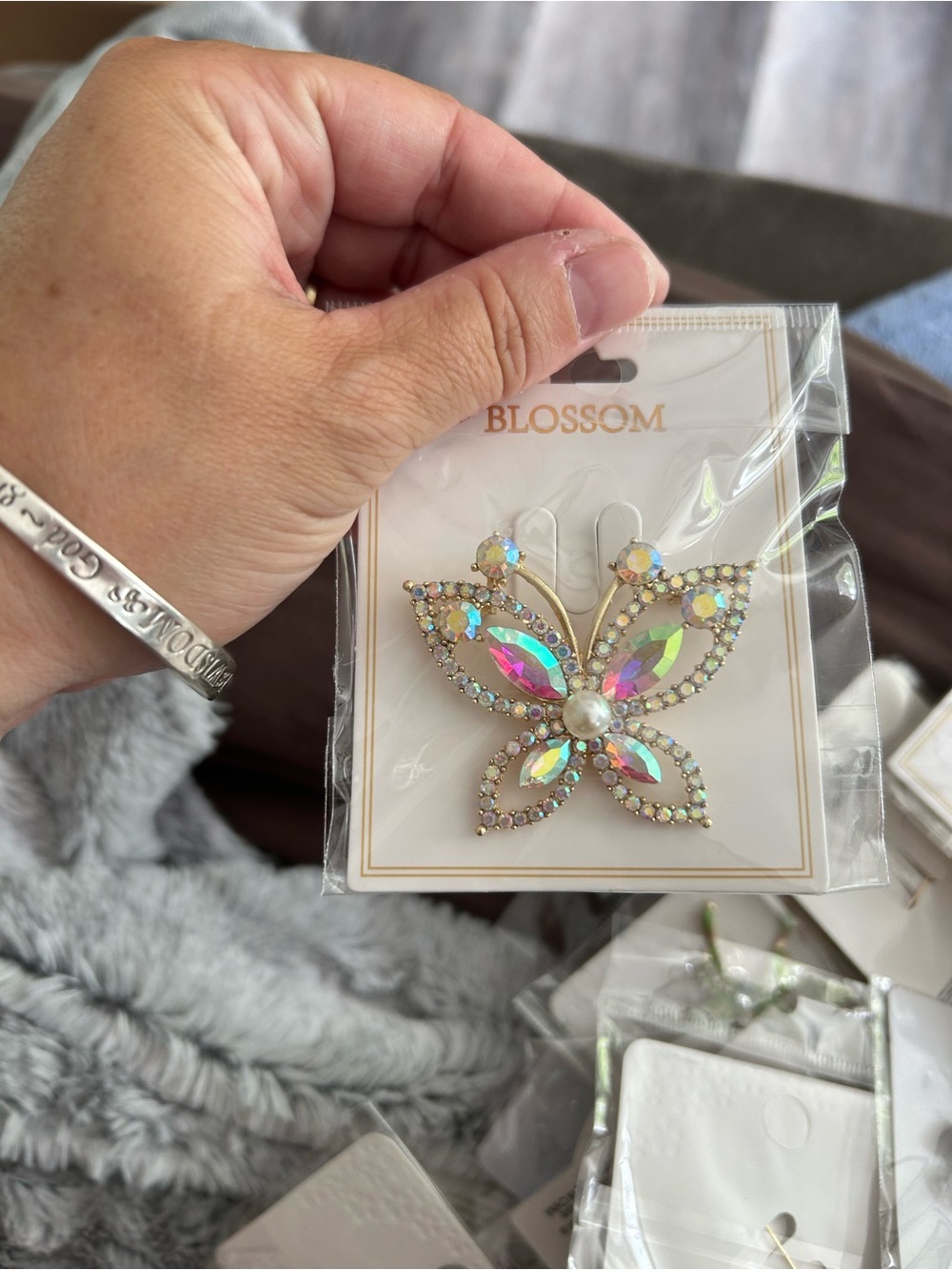 4/$50 Blossom Iridescent Crystal Butterfly Brooch - Gold